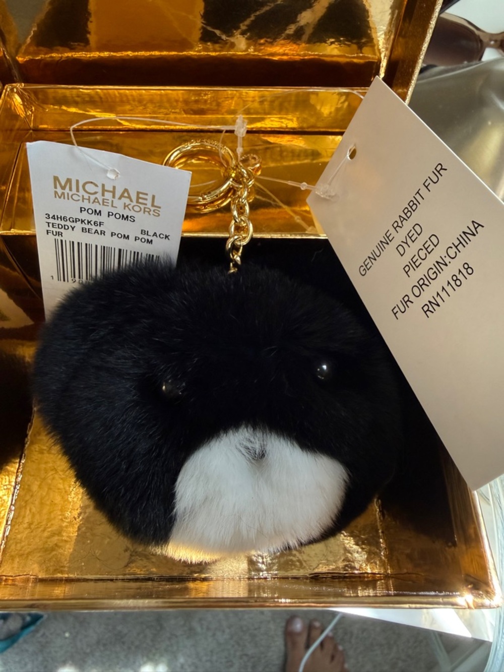 Michael Kors Black and White Rabbit Fur Pom Pom Keychain with Gold Hardware